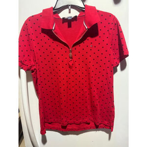 Women's Tommy Hilfiger Polo Shirt Size L Red Black Polka Dot